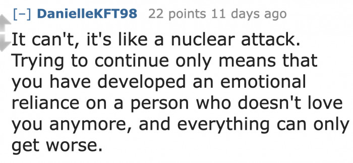 Staying with a cheating partner feels like emotional reliance, according to this Redditor.
