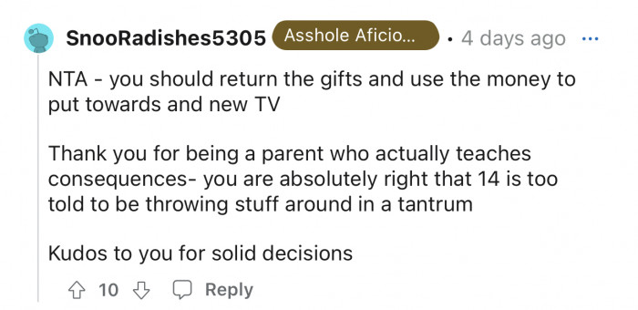A Redditor happy to find a parent who gives consequences.