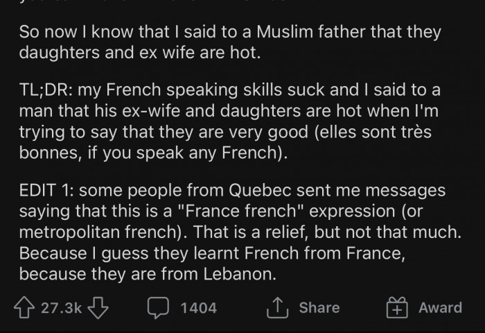 It’s also slang, so even if they learned French in Lebanon, the father might not interpret it that way.