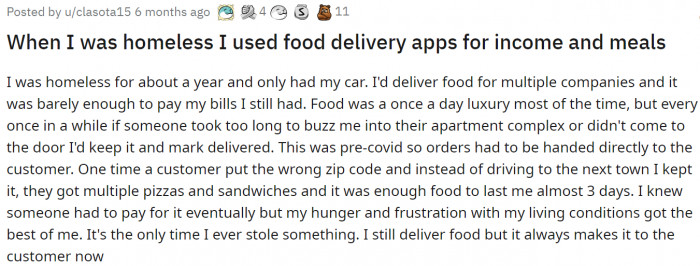 The homeless delivery man's confession.