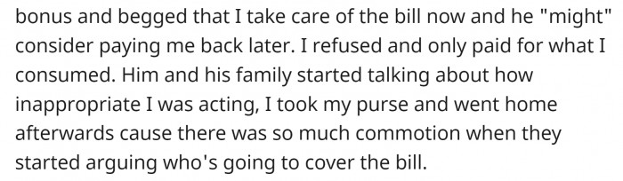 OP's husband hadn't received his bonus yet, so he assumed she would pay.