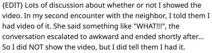 Some commenters asked if OP showed the video evidence to the neighbors. OP alluded to it but never really showed the cinematic version of their dog pooping.