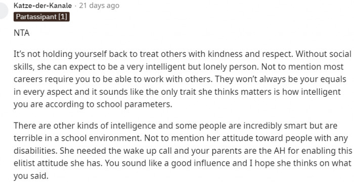 15. Without social skills, she'll be an intelligent but lonely person