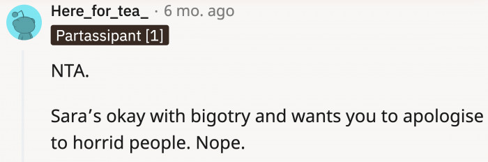 If she tolerates homophobia, then she's one of them.