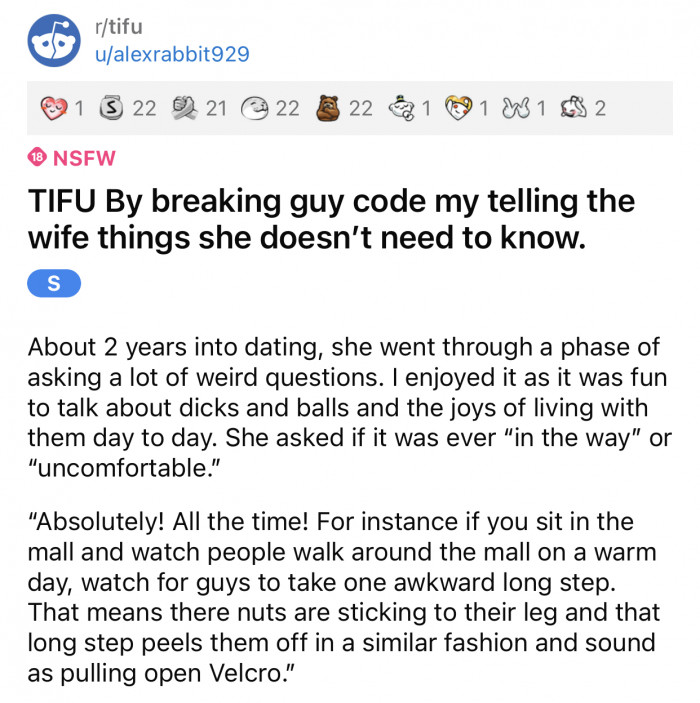 Man Wonders If He Broke “Guy Code” By Sharing A Guy Secret With His Wife