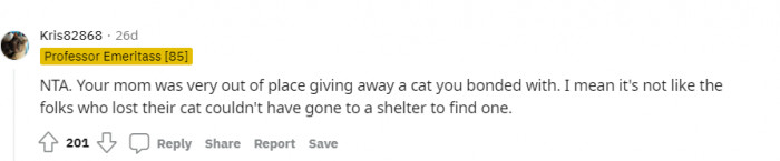 NTA: Mom was out of place for giving away the cat.