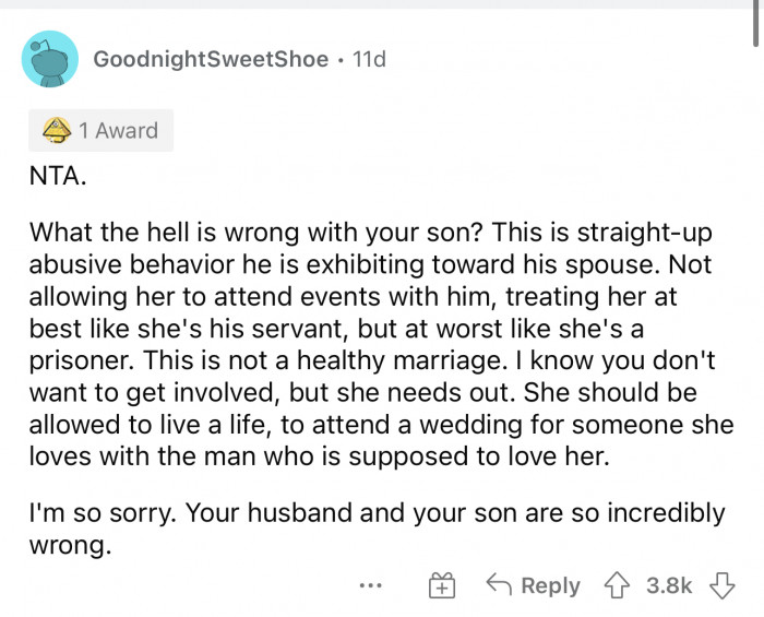 Another commenter says that her son, and definitely her husband, are in the wrong, and she did the right thing.