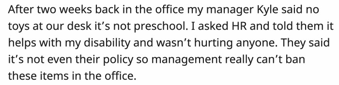 Her manager ordered OP to remove the toys in a rather impolite manner, but according to HR, there's no rule against them
