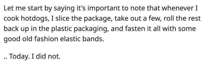 Dog with owners nearby, smiling during a humorous hotdog water mishap.