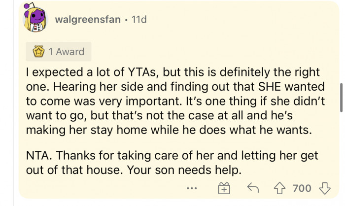 She's definitely NTA, and everyone seems to agree.