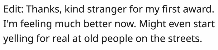 Young woman holding leash, older man reacting with confusion and irritation.