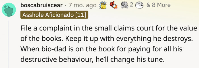 If you involve some monetary compensation, maybe the biological dad will stop siding with his destructive son?