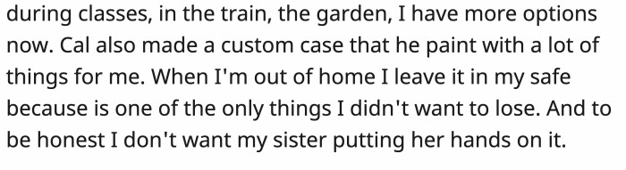 The sentimental value of the iPad increased with the custom case that OP's brother made, so OP makes sure to lock it in the safe when she's out.