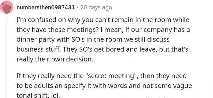 We can understand the need for secluding themselves to discuss business, but there are better ways to do this. First of all, don't do it at a party....