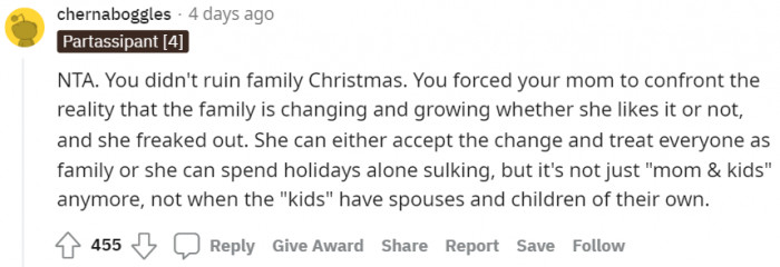 Here's another person who thinks mom ruined family Christmas.