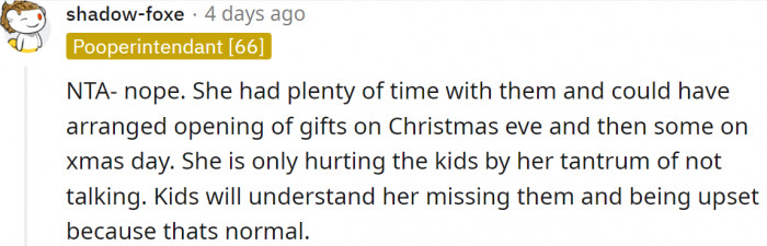 She should be thinking of the kids and their happiness.