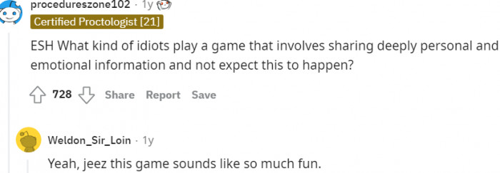 7. Who plays a game that involves sharing personal information?
