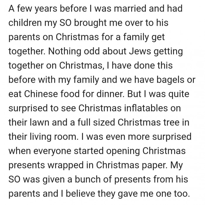 OP knew her Jewish husband's Jewish family celebrated a cultural Christmas.