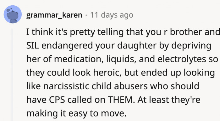 Evidence of how the brother and sister-in-law endangered OP's daughter was enummerated 