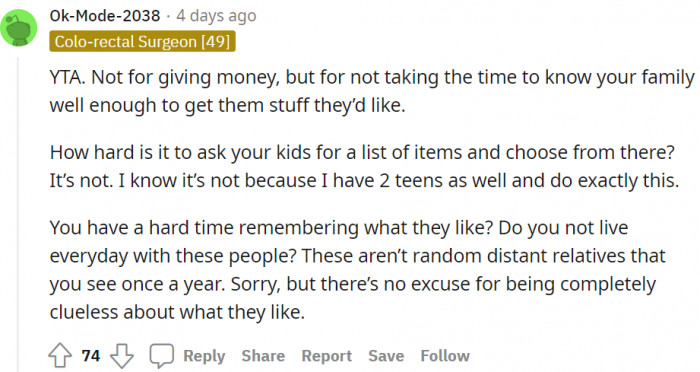 For this person, she’s TA for not taking the time to know her family well.