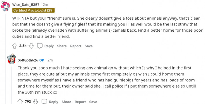 It's crystal clear that the friend just doesn't care about animals. 