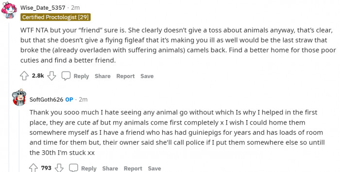 It's crystal clear that the friend just doesn't care about animals.