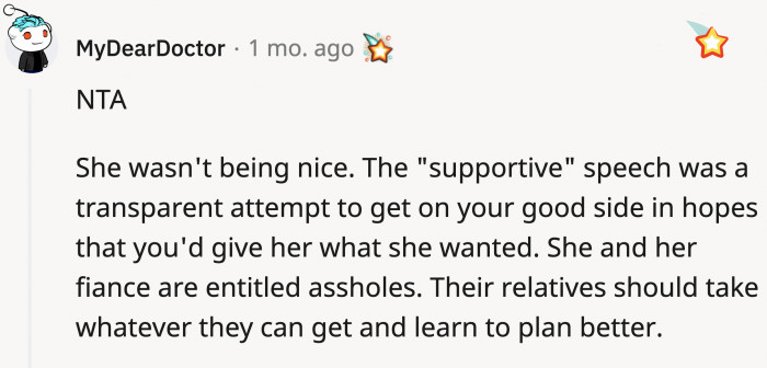 It was a feeble attempt to emotionally manipulate OP into giving in to whatever the bride asks...