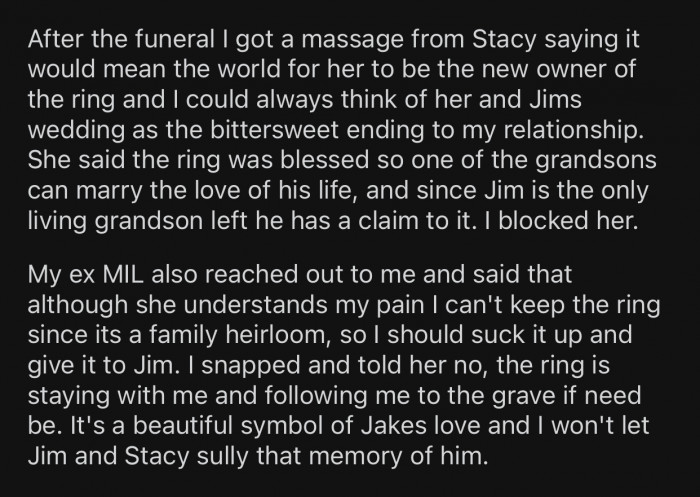 Stacy tried everything to get the ring from OP.