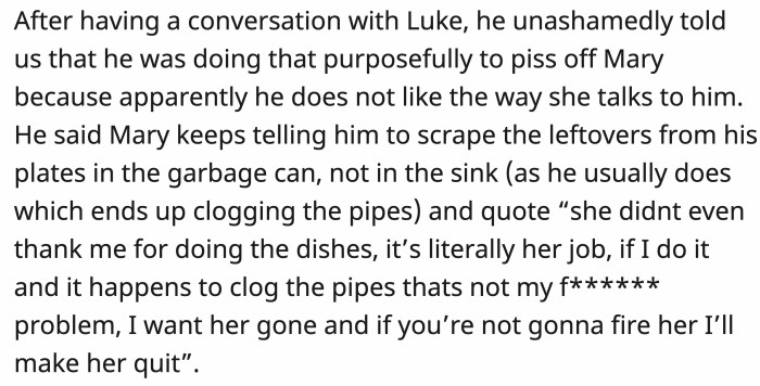 OP confronted her son about his wrongdoings, and he admitted that he was purposely doing everything because he wanted Mary to quit