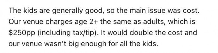 She explained that their wedding venue charged full price for any children over the age of two, which meant it would be an additional $250 per child in attendance.