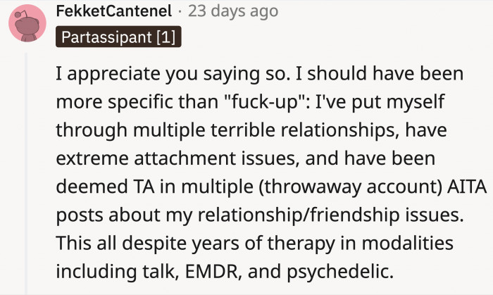 The Redditor was commended for sharing their thoughts, and it turns out they’ve been in toxic relationships.