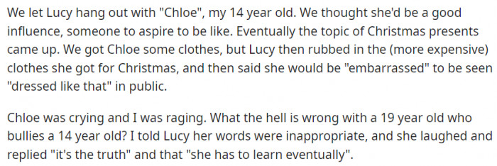 The Redditor got enraged after Lucy made snarky jokes about the clothes her daughter got for Christmas