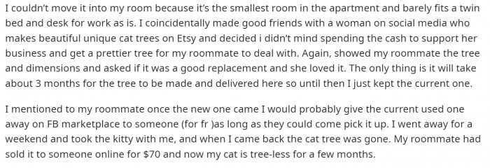 After making things clear, it's really insensitive of the roommate to sell off the cat tree.
