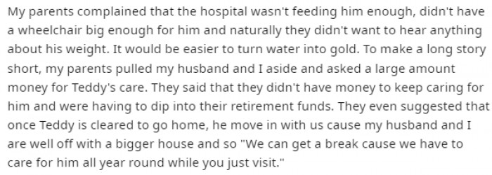 After Teddy suffered a bad fall that put him in the hospital, the Redditor explained that her parents suggested that he move in with her and her husband