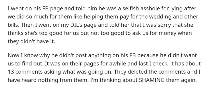 So, naturally, our OP went on Facebook and ripped his son a new one.