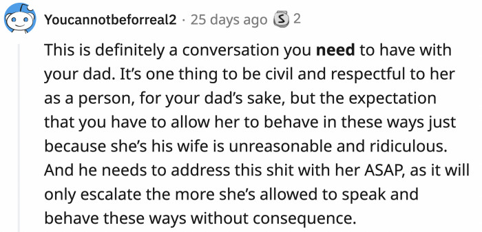 The bride and the father of the bride need to have a serious talk before the father-daughter dance.