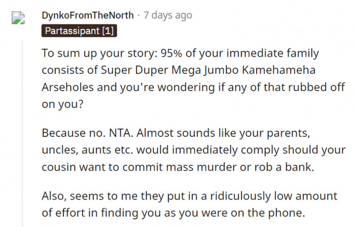 To sum it up, the majority of OP's family are just a bunch of people who lack human decency and common sense