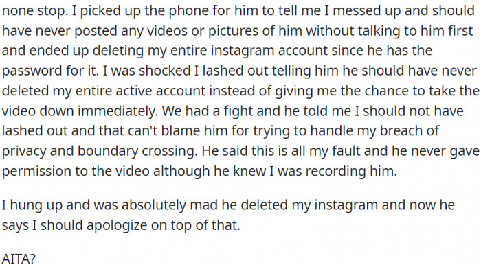 The man claimed that by posting such a video on Instagram, the woman crossed boundaries and breached his privacy.