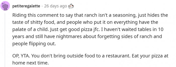 And some of them also touched on the subject of bringing food into the restaurant...