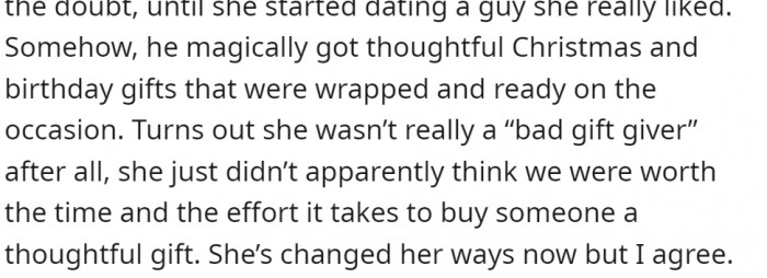 And it turns out that 'bad gift givers' can become very thoughtful when they date someone they really like.