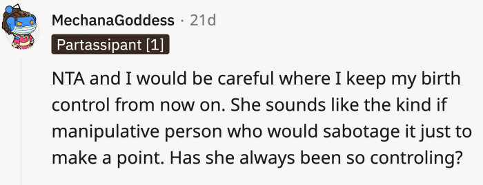 Reddit mostly agrees that OP is NTA (not the a**hole) but suggests that she should be careful with her pills around the mom