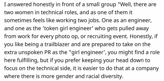 OP explained honestly based on her experiences while the woman and a small group listened.