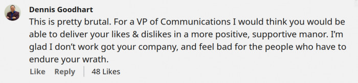 Dennis Goodhart felt that Megan came off as cold and angry in her passionate post.