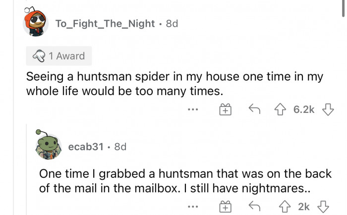 Huntsman spiders are a real fear though. 