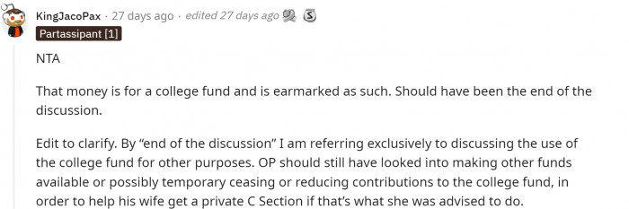 Some Redditors Agreed With OP About the Sanctity of the College Fund but Mentioned That He Should’ve Tried to Find Other Ways of Financing the C-Section in a Private Hospital.