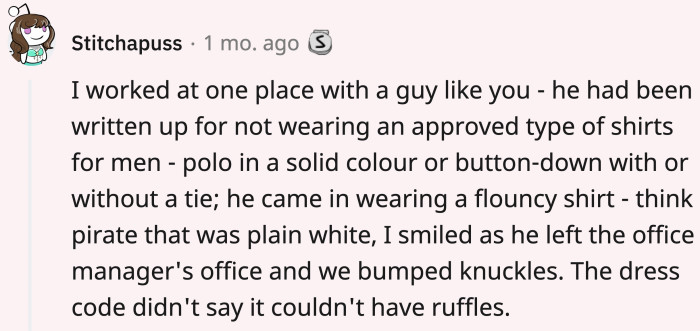Comments about people doing their own versions of defying their workplace dress code — like this person who was by the book but was also dressed like a pirate