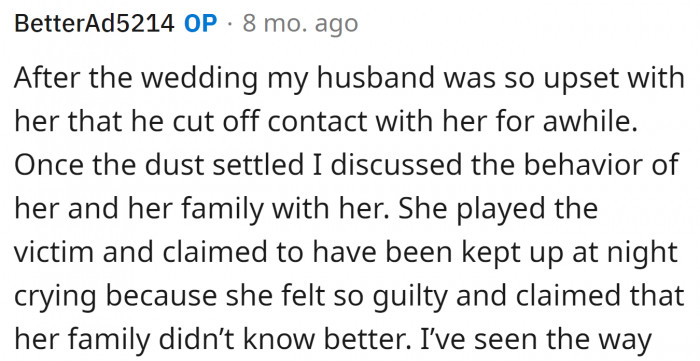 The mother-in-law is playing the victim when she's clearly the one at fault.