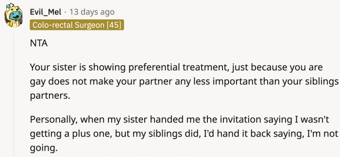 There's also the issue of how unfair it is for the sister to refuse to give her the plus-one invite