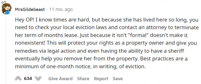 OP should check her local eviction laws...