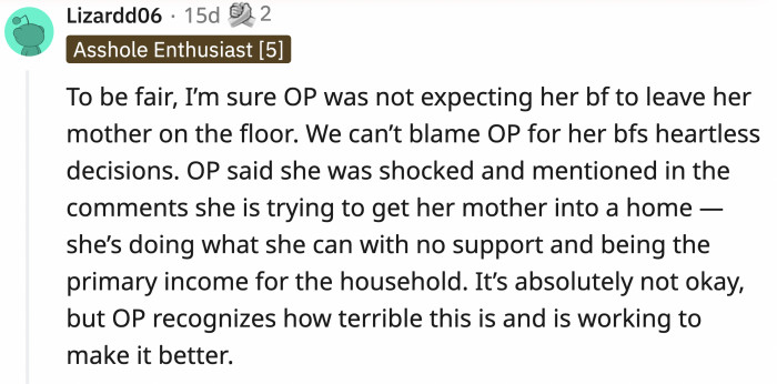 Reading further, a commenter acknowledged that OP accepted responsibility and that the boyfriend deserves the blame in this situation.